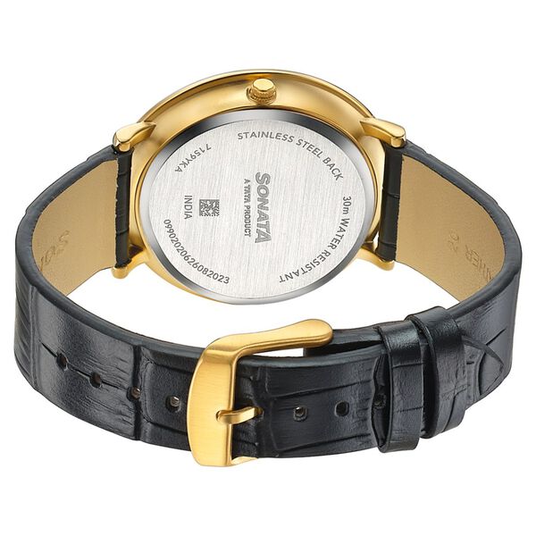 Sonata Sleek Champagne Dial Gold-Tone Leather Strap Watch - image number 5