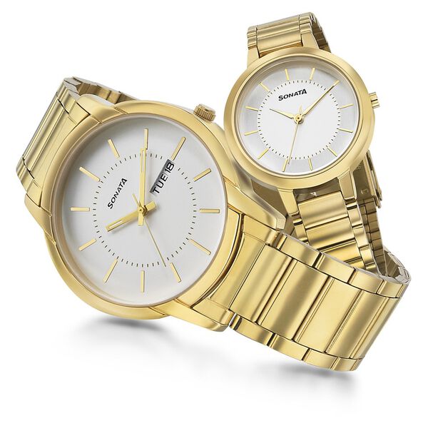 Sonata Quartz Analog White Dial Metal Strap Watch for Couple - image number 4