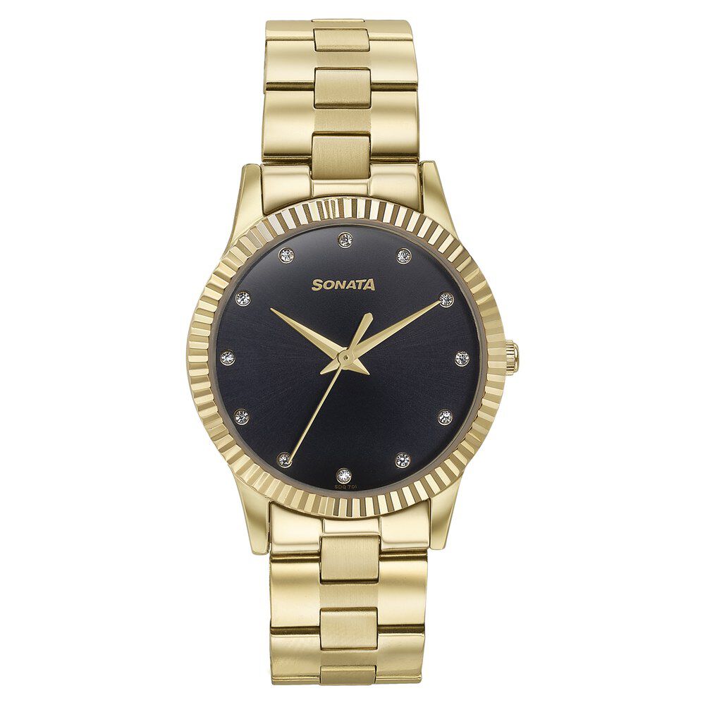 Buy Online Sonata Glam Gold Quartz Analog Black Dial Stainless Steel Strap Watch For Women 87062ym01w Sonata