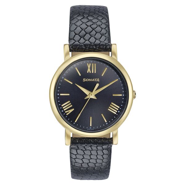 Sonata Glam Gold Quartz Analog Black Dial Leather Strap Watch For Women - image number 0