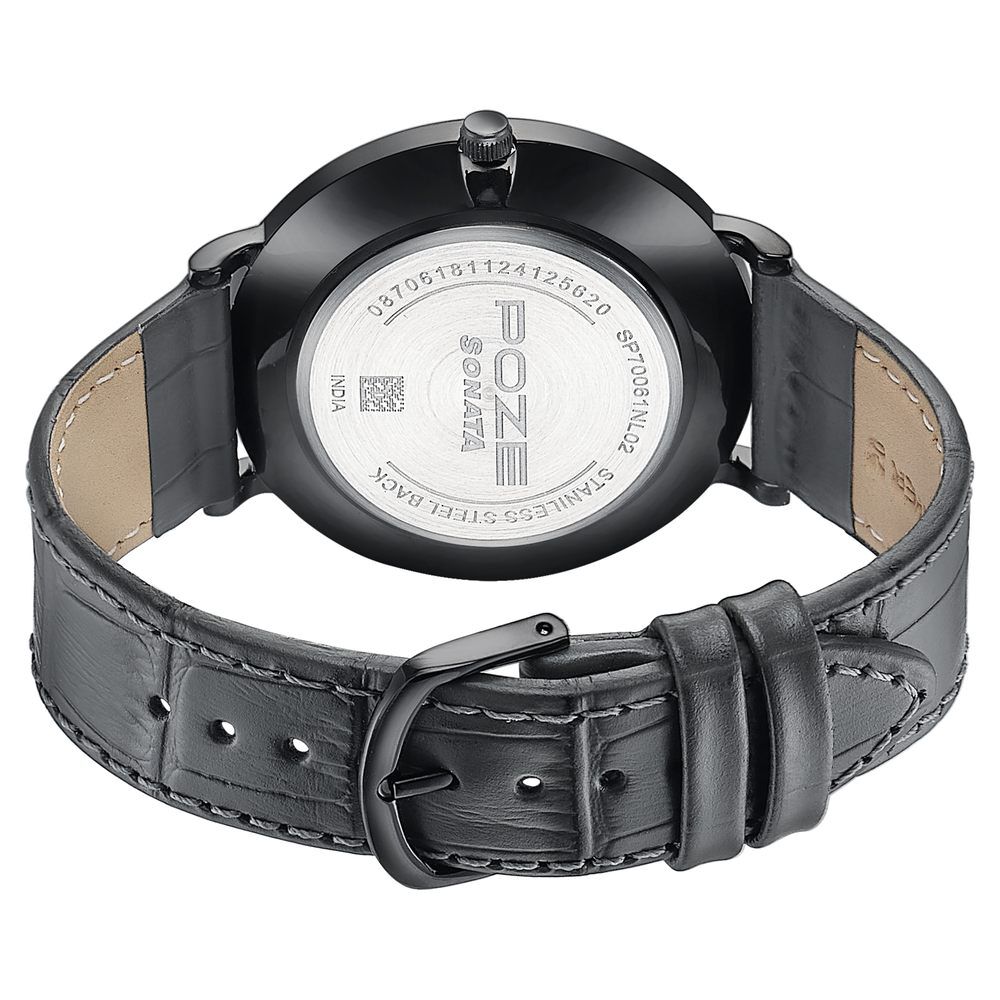 Buy Online Sonata Poze Quartz Analog Black Dial Leather Strap