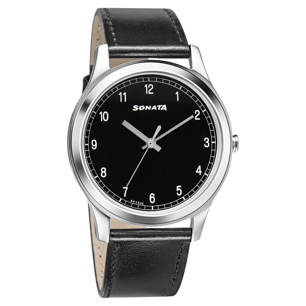 Buy Online Sonata Quartz Analog Black Dial Leather Strap Watch for Men ns7135sl02 Sonata