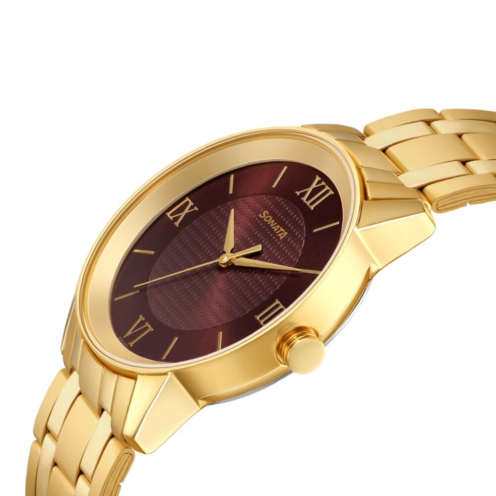 Buy Online Sonata Quartz Analog Brown Dial Stainless Steel Strap Watch for Men ns7133ym03 Sonata