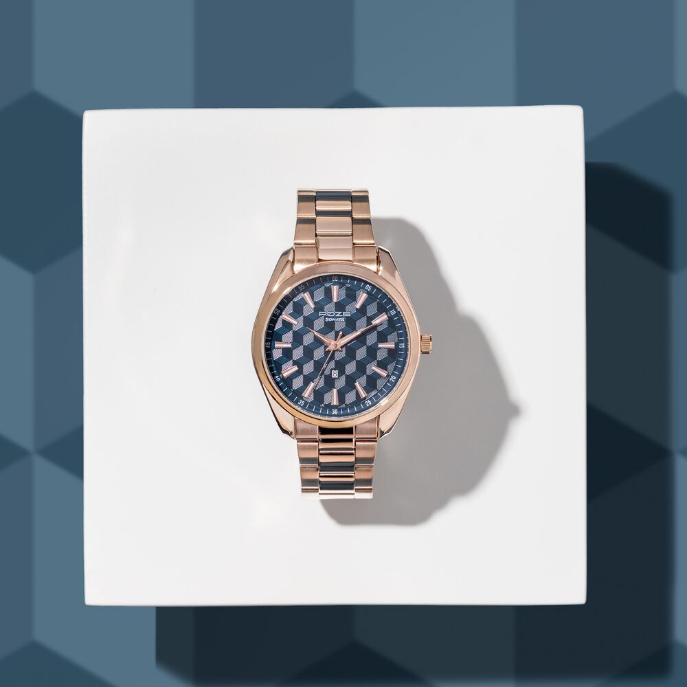 Sonata Poze Quartz Analog Blue Dial Rose Gold Colour Stainless Steel Strap Watch For Men-picture-20