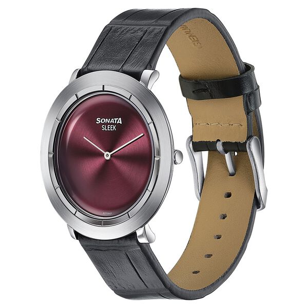 Sonata Sleek Burgundy Dial Silver-Tone Leather Strap Watch - image number 2