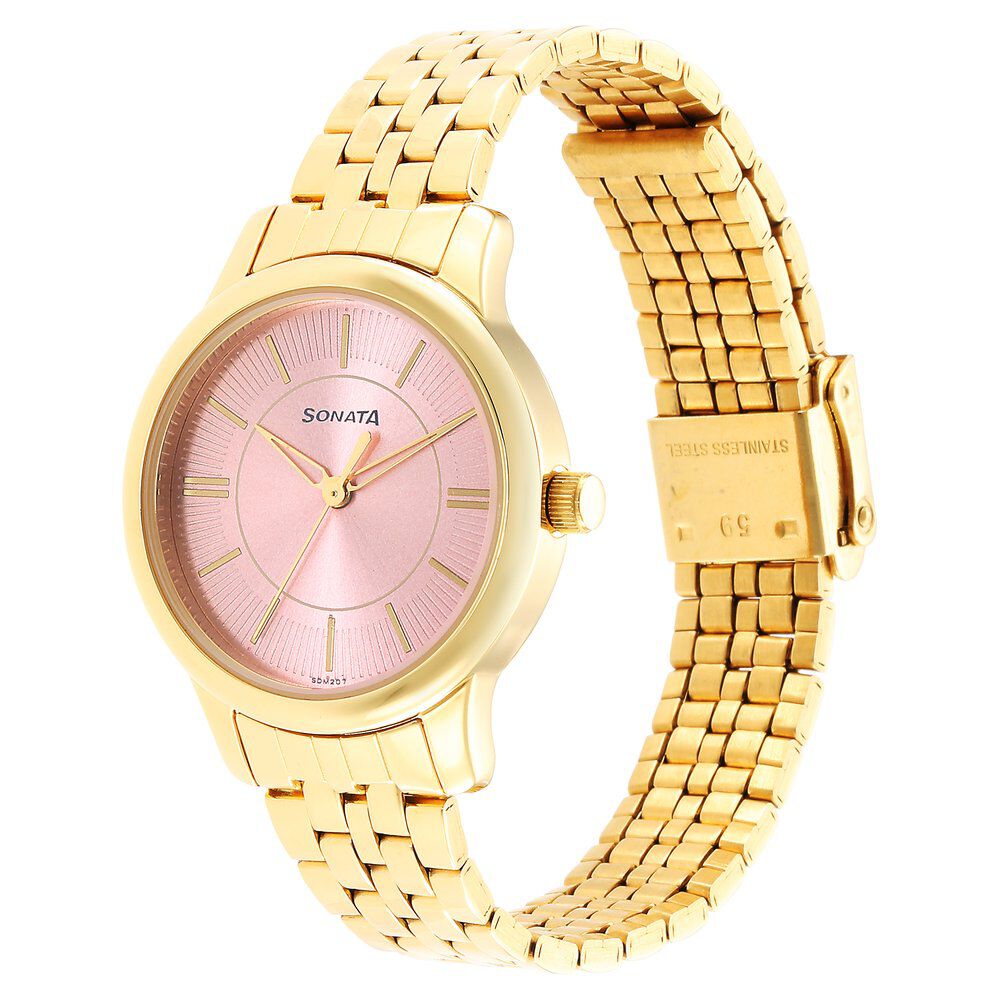 Buy Online Sonata Classic Gold Pink Dial Metal Strap Watch for Women ns8178ym02 Sonata