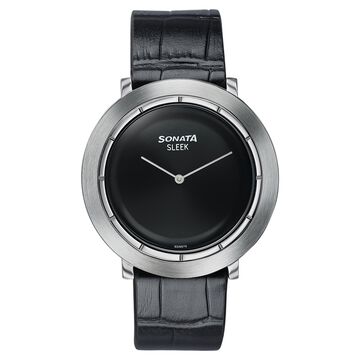 Sonata Sleek Black Dial Silver-Tone Leather Strap Watch
