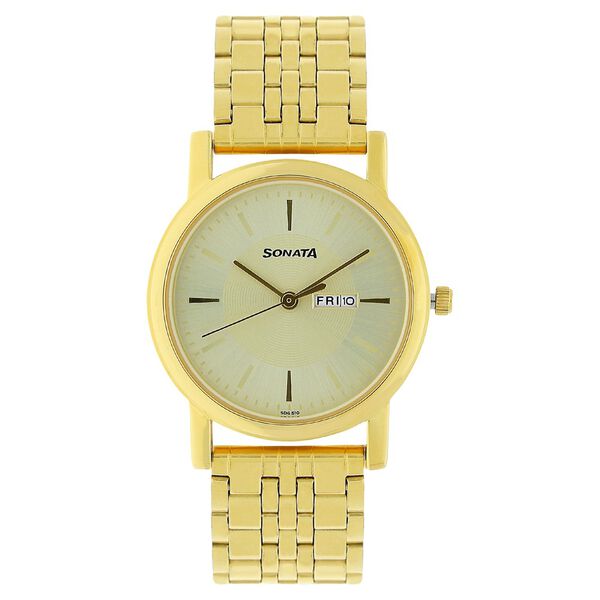 Sonata Quartz Analog with Day and Date Champagne Dial Stainless Steel Strap Watch for Men - image number 0
