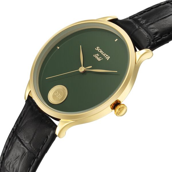 Sonata Gold Quartz Analog Sacred Forest Green With Gold Coin Dial Black Leather Strap Watch For Men - image number 4