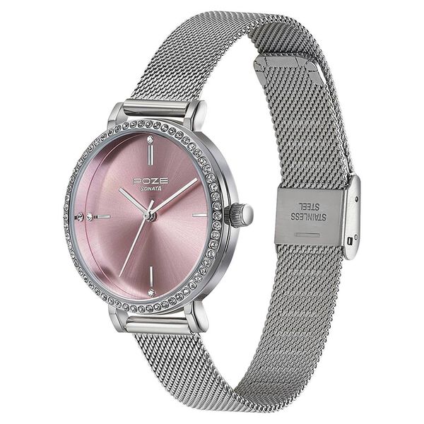 Sonata Poze Quartz Analog Pink Round Dial Silver Mesh Strap Watch For Women - image number 3