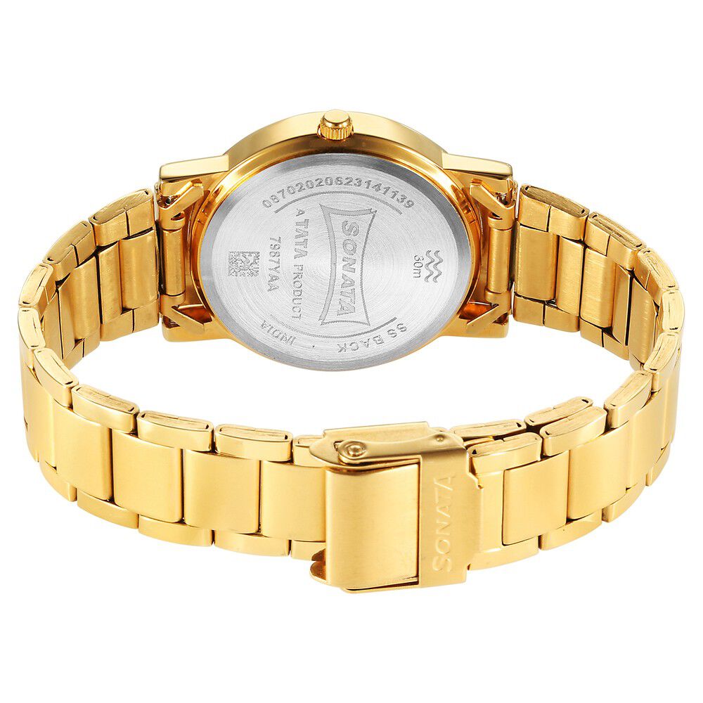 Buy Online Sonata Classic Quartz Analog Black Dial Golden Stainless Steel Strap Watch for Men 7987ym12w Sonata