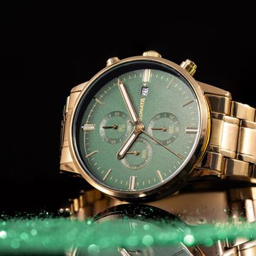Sonata Quartz Multifunction Green Dial Golden Stainless Steel Strap Watch For Men