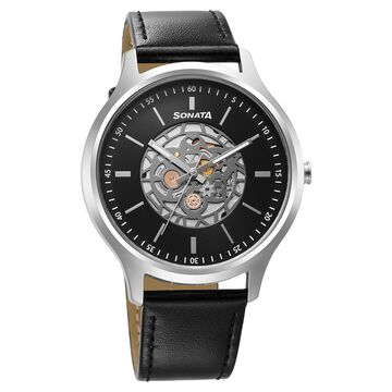 Sonata Unveil Quartz Multifunction Black Dial Leather Strap Watch for Men