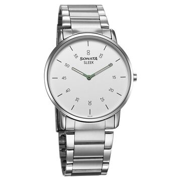 Sonata Sleek Quartz Analog White Dial Silver Stainless Steel Strap Watch For Men