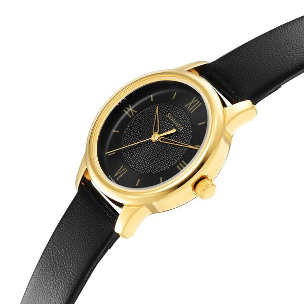 Sonata Classic Gold Black Dial Leather Strap Watch for Women - image number 2