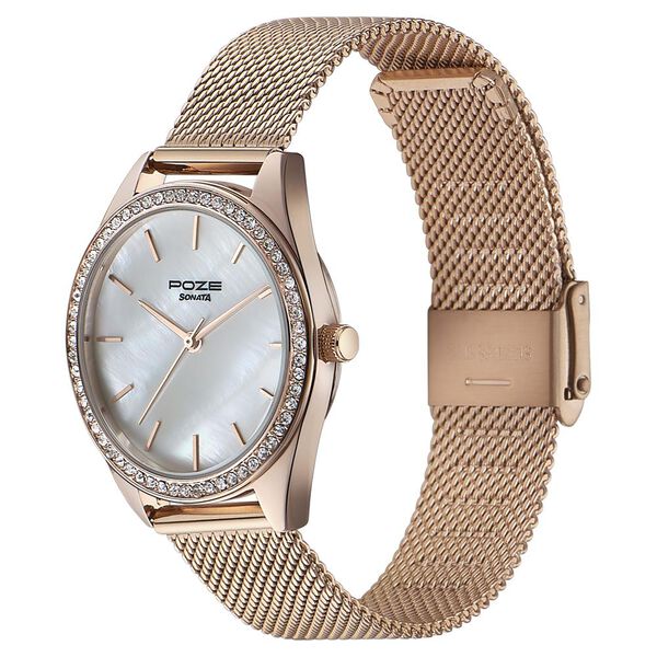 Sonata Poze Quartz Analog Mother of Pearl Dial Rose Gold Color Stainless Steel Strap Watch For Women - image number 3