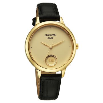 Sonata Sonata Gold Quartz Analog Champagne With Gold Coin Dial Black Leather Strap Watch For Women