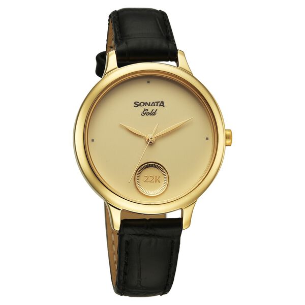 Sonata Sonata Gold Quartz Analog Champagne With Gold Coin Dial Black Leather Strap Watch For Women - image number 0
