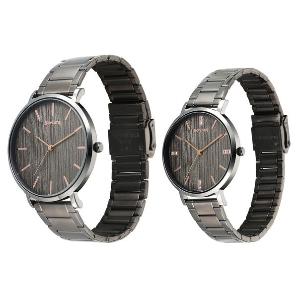 Sonata Soulmate Quartz Analog Grey Dial Grey Stainless Steel Strap Watch For Couple - image number 1