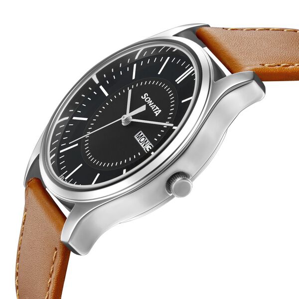 Sonata Quartz Analog with Day and Date Black Dial Leather Strap Watch for Men - image number 2