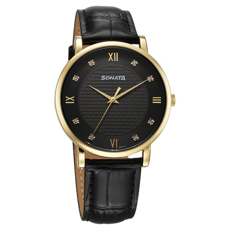 Sonata Wedding Quartz Analog Black Dial Leather Strap Watch For Men