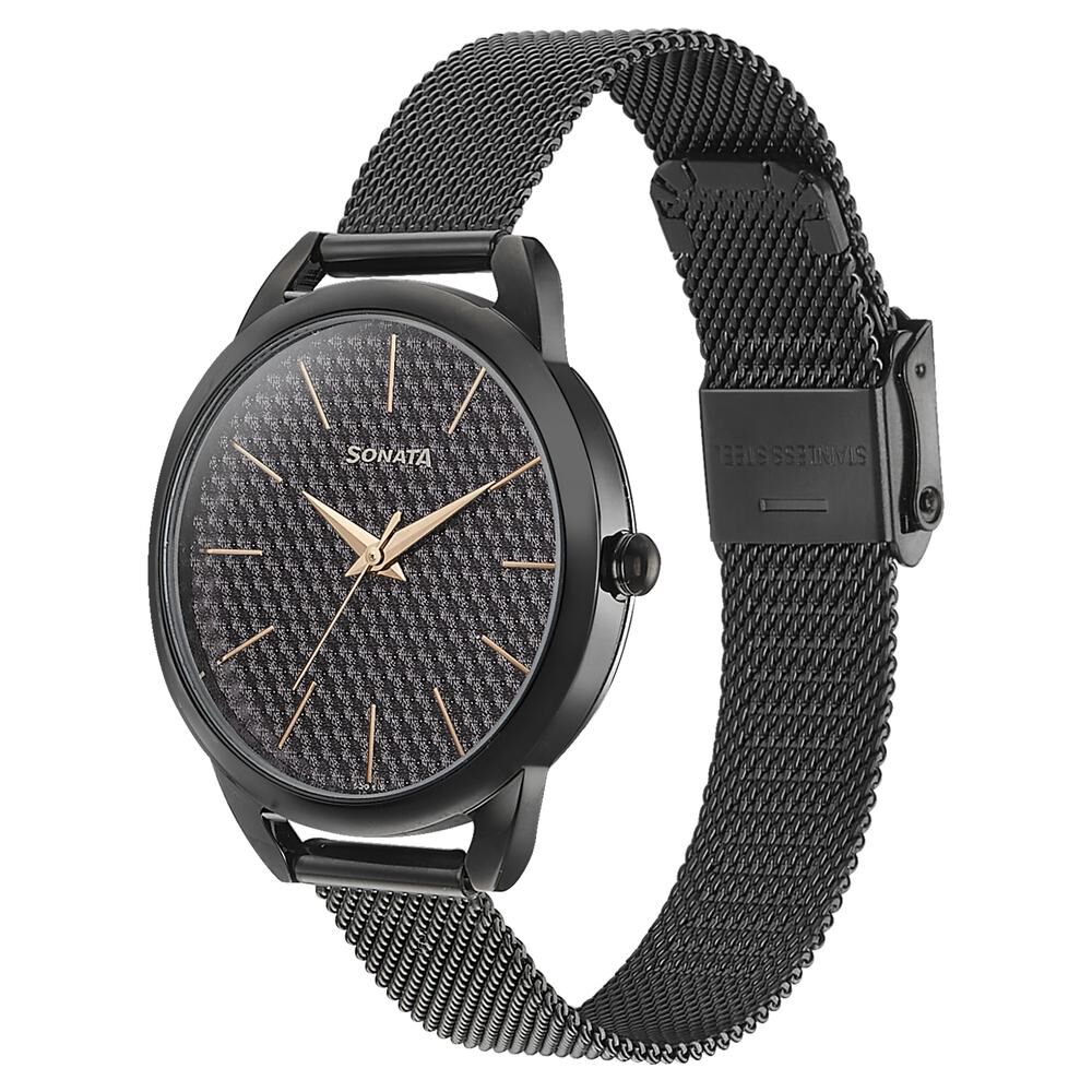 Buy Online Sonata Wedding Bling Quartz Analog Black Dial Black Stainless Steel Strap Watch for Women 87051nm01 Sonata