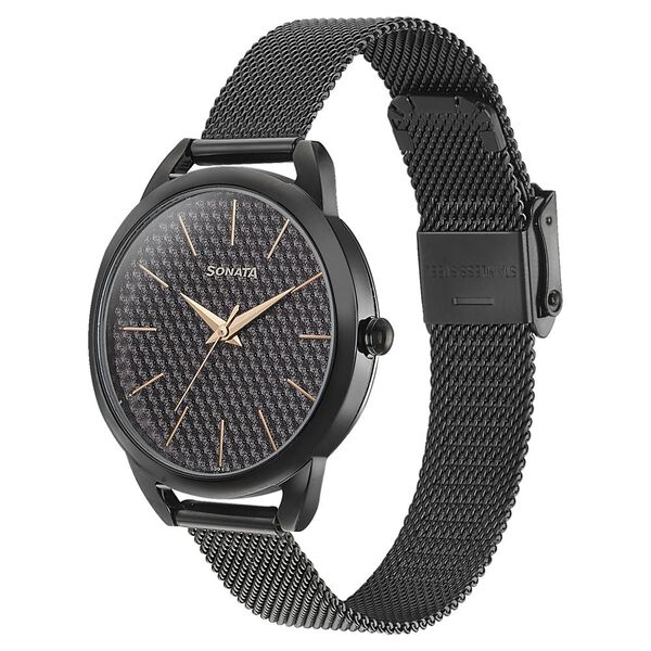 Sonata Wedding Bling Quartz Analog Black Dial Black Stainless Steel Strap Watch for Women - image number 2