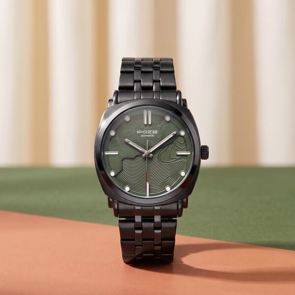 Poze By Sonata Quartz Analog Green Dial Black Metal Strap Watch For Men - image number 0