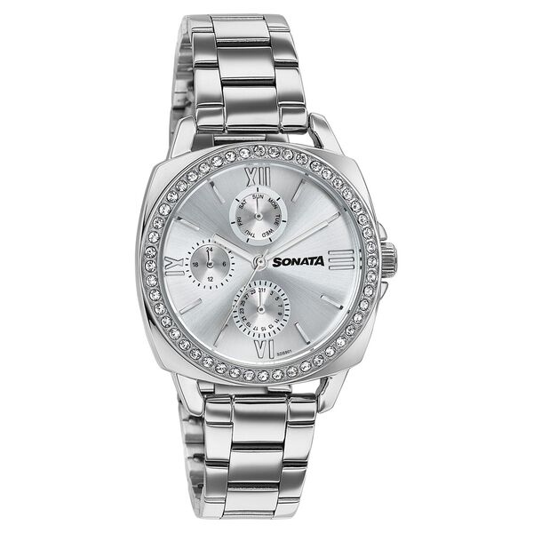 Sonata Festive Quartz Multifunction Silver Dial Silver Metal Strap Watch For Women - image number 1