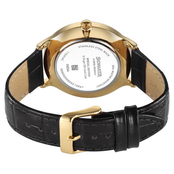 Sonata Gold Quartz Analog Sacred Forest Green With Gold Coin Dial Black Leather Strap Watch For Men - image number 6