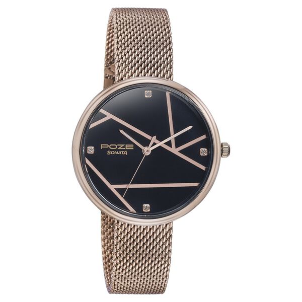 Sonata Poze Quartz Analog Black Dial Rose Gold Color Stainless Steel Strap Watch For Women - image number 2