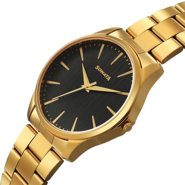 Sonata Traditional Essentials Quartz Analog Black Dial Golden Metal Strap Watch For Men - image number 2