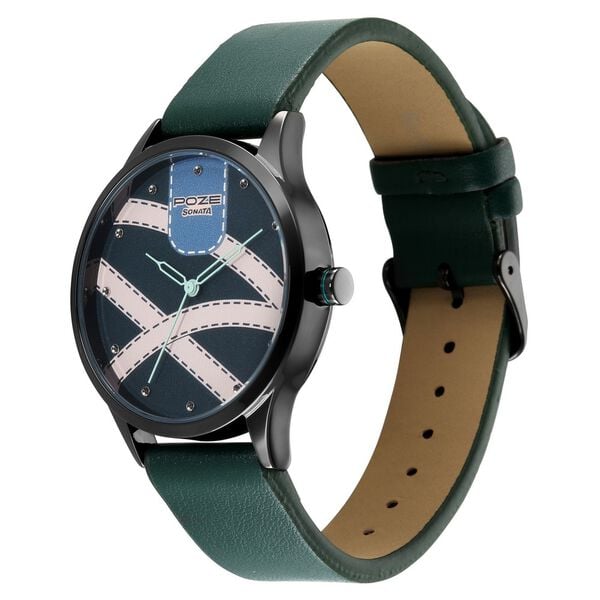 Poze By Sonata Quartz Analog Green Dial Green Leather Strap Watch For Men - image number 2