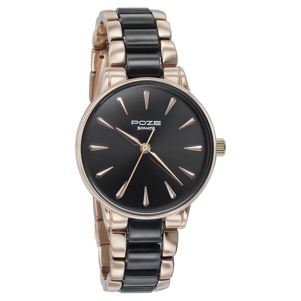 Sonata Poze Quartz Analog Black Dial Black | Rose Gold Color Metal With Crystal Strap Watch For Women - image number 2
