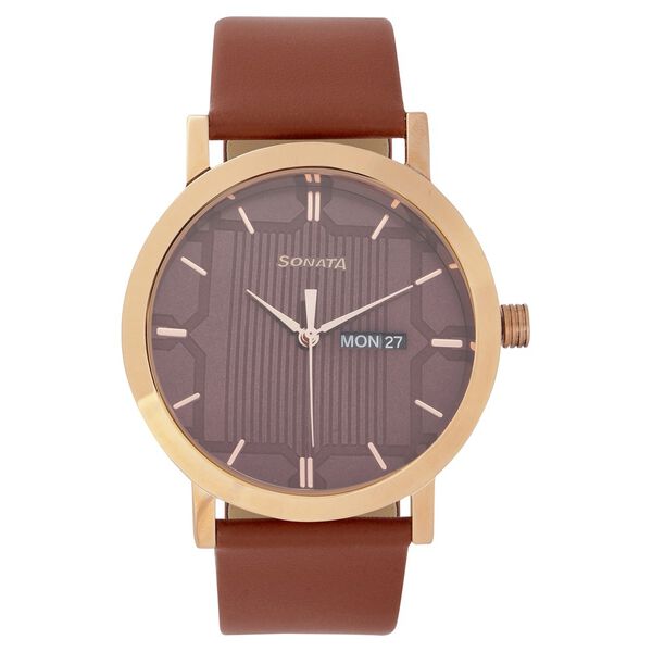 Sonata Quartz Analog with Day and Date Brown Dial Leather Strap Watch for Men - image number 1