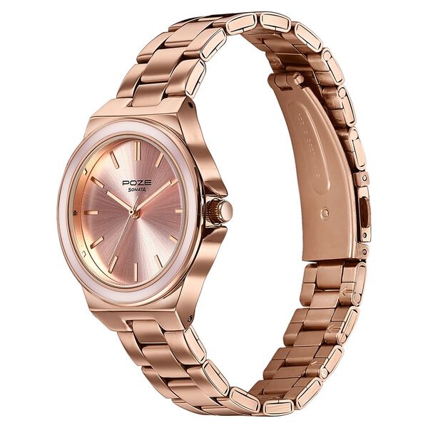Sonata Poze Quartz Analog Pink Dial Rose Gold Colour Stainless Steel Strap Watch For Women - image number 4