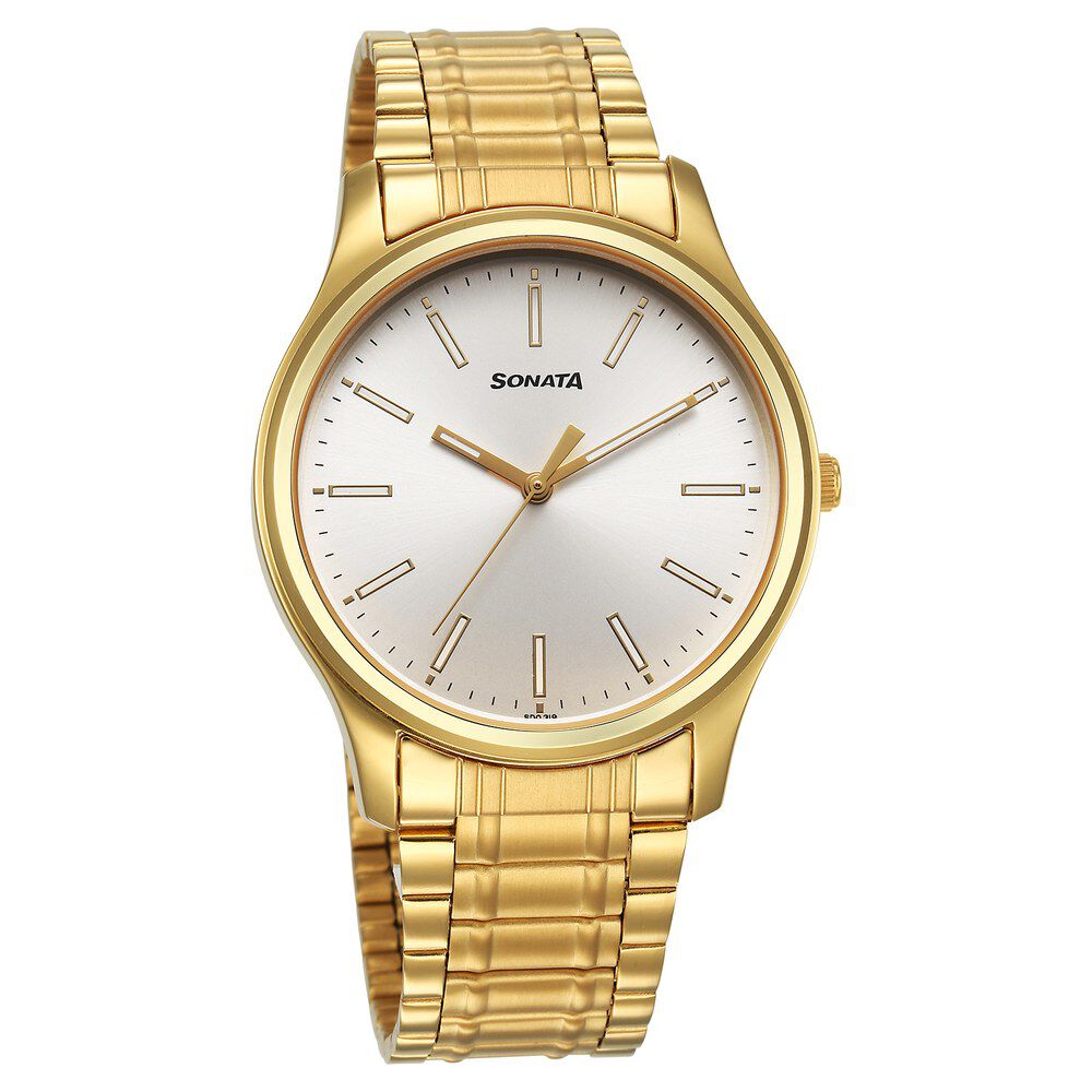 Buy Online Sonata Traditional Essentials Quartz Analog Silver Dial Stainless Steel Strap Watch for Men 77082ym10 Sonata