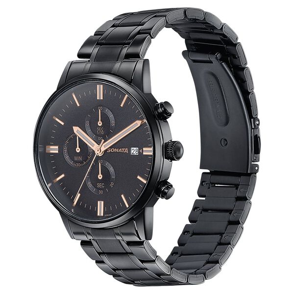 Sonata Wedding Edit Quartz Multifunction Black Dial Stainless Steel Strap Watch For Men - image number 3
