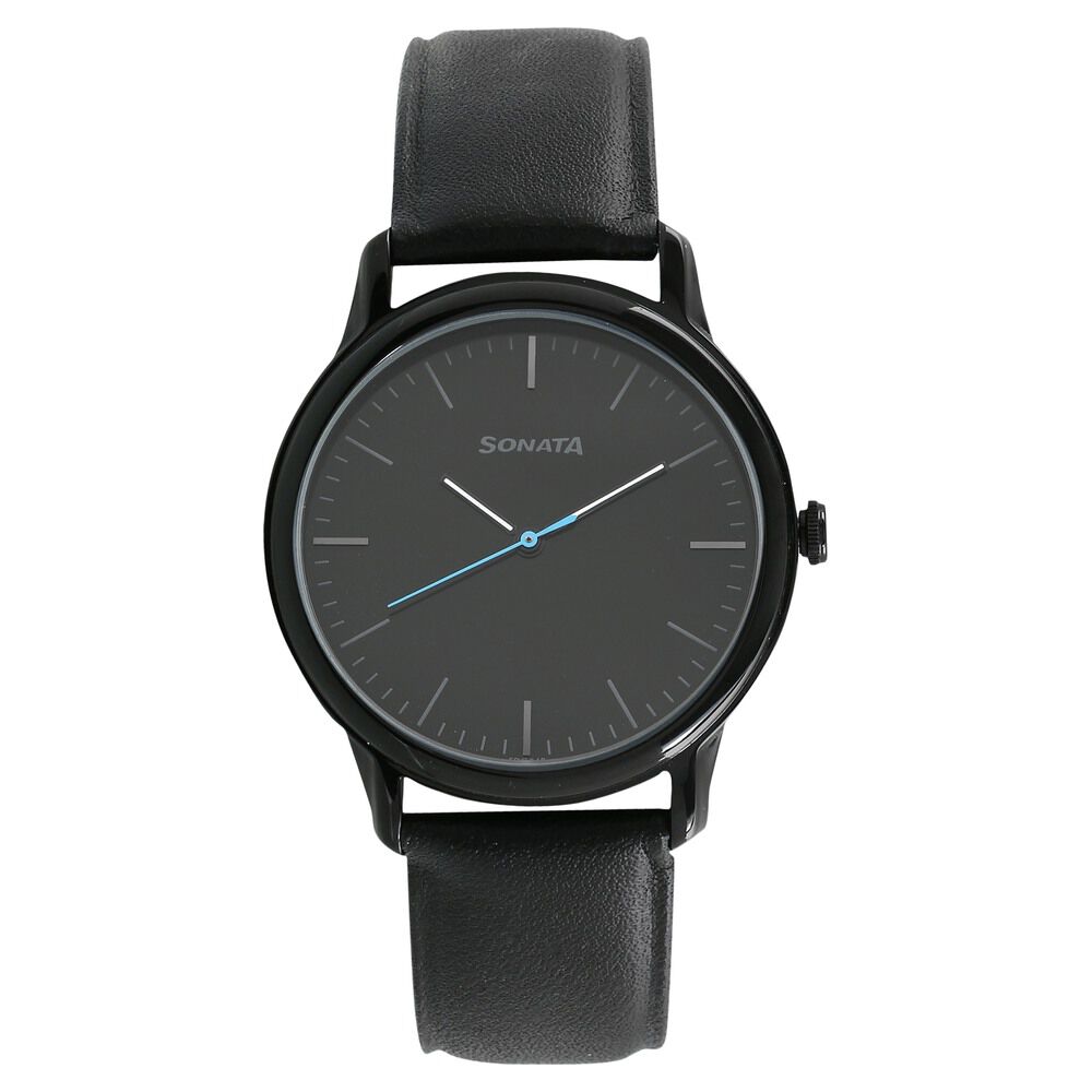 Sonata Quartz Analog Black Dial Leather Strap Watch for Men