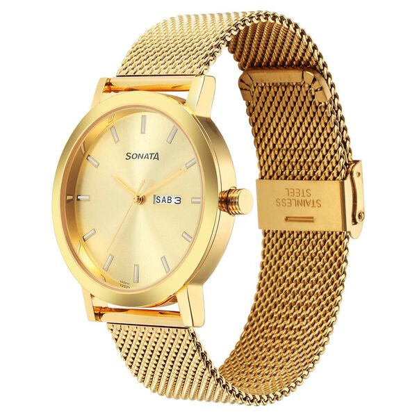 Sonata Utsav Quartz Analog with Day and Date Champagne Dial Stainless Steel Strap Watch for Men - image number 1