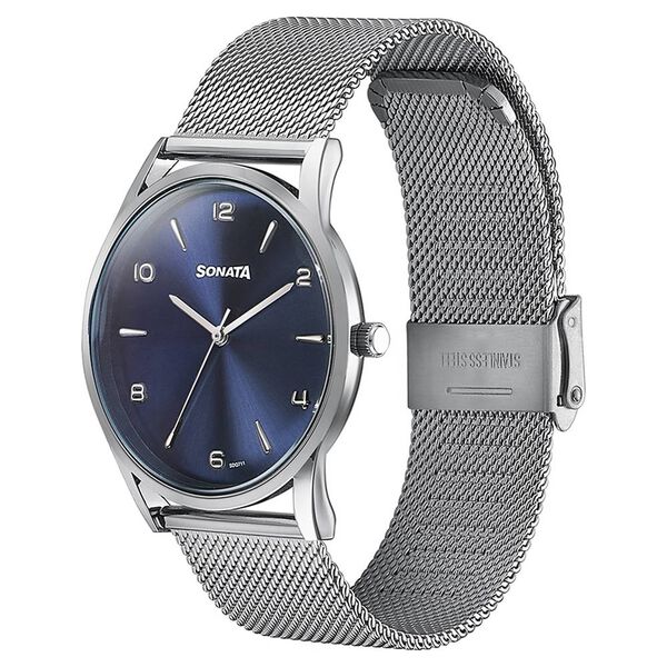 Sonata Quartz Analog Blue Dial Silver Stainless Steel Strap Watch For Men - image number 3