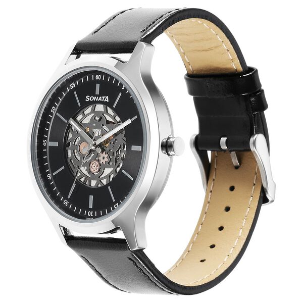 Sonata Unveil Quartz Multifunction Black Dial Leather Strap Watch for Men - image number 1