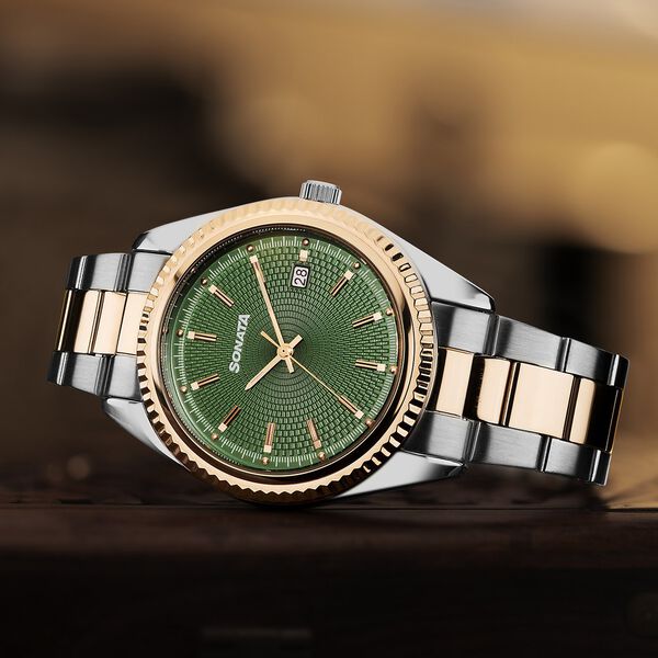 Sonata Festive Quartz Analog with Date Green Dial Metal Strap Watch For Men - image number 0