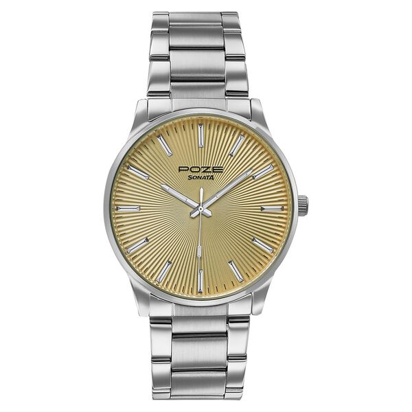 Poze By Sonata Quartz Analog Yellow Dial Silver Stainless Steel Strap Watch For Men - image number 1