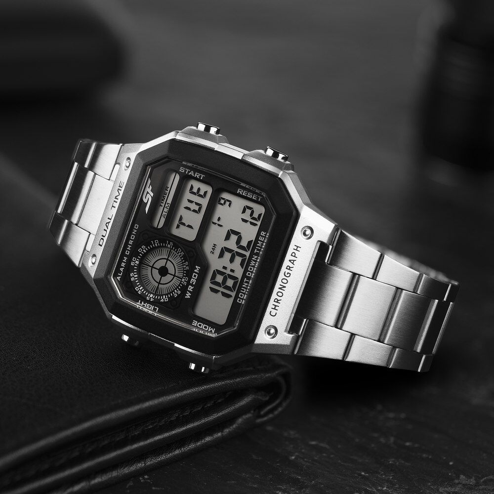 SF Hexa Metal Digital Digital Black Dial Stainless Steel Strap