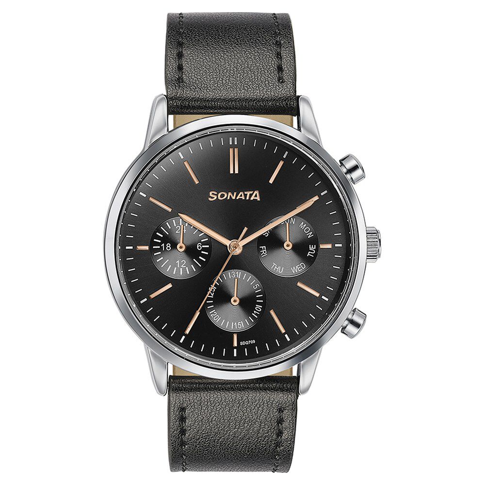 Buy Online Sonata Quartz Multifunction Black Dial Black Leather Strap Watch For Men 77139sl03 Sonata