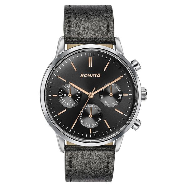 Sonata Quartz Multifunction Black Dial Black Leather Strap Watch For Men - image number 1