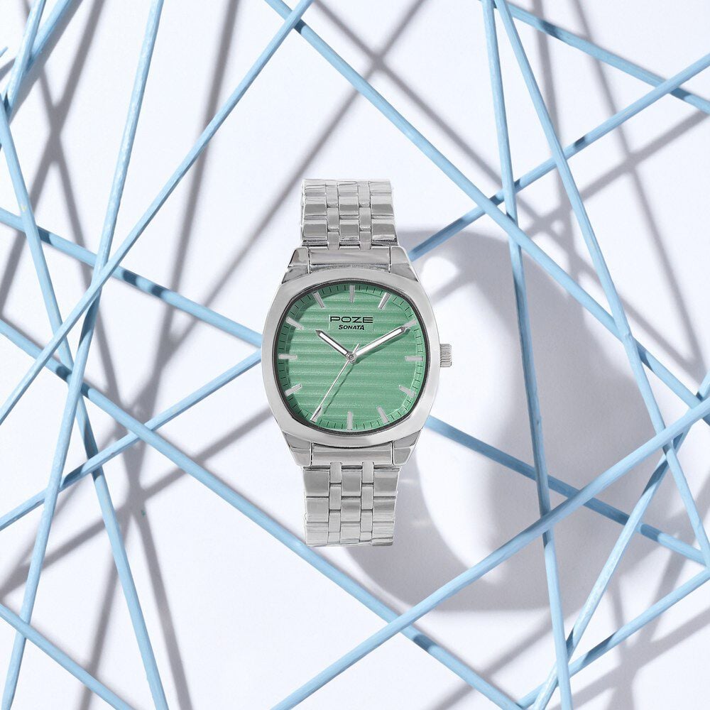 Poze By Sonata Quartz Analog Green Dial Silver Metal Strap Watch For Men-picture-20
