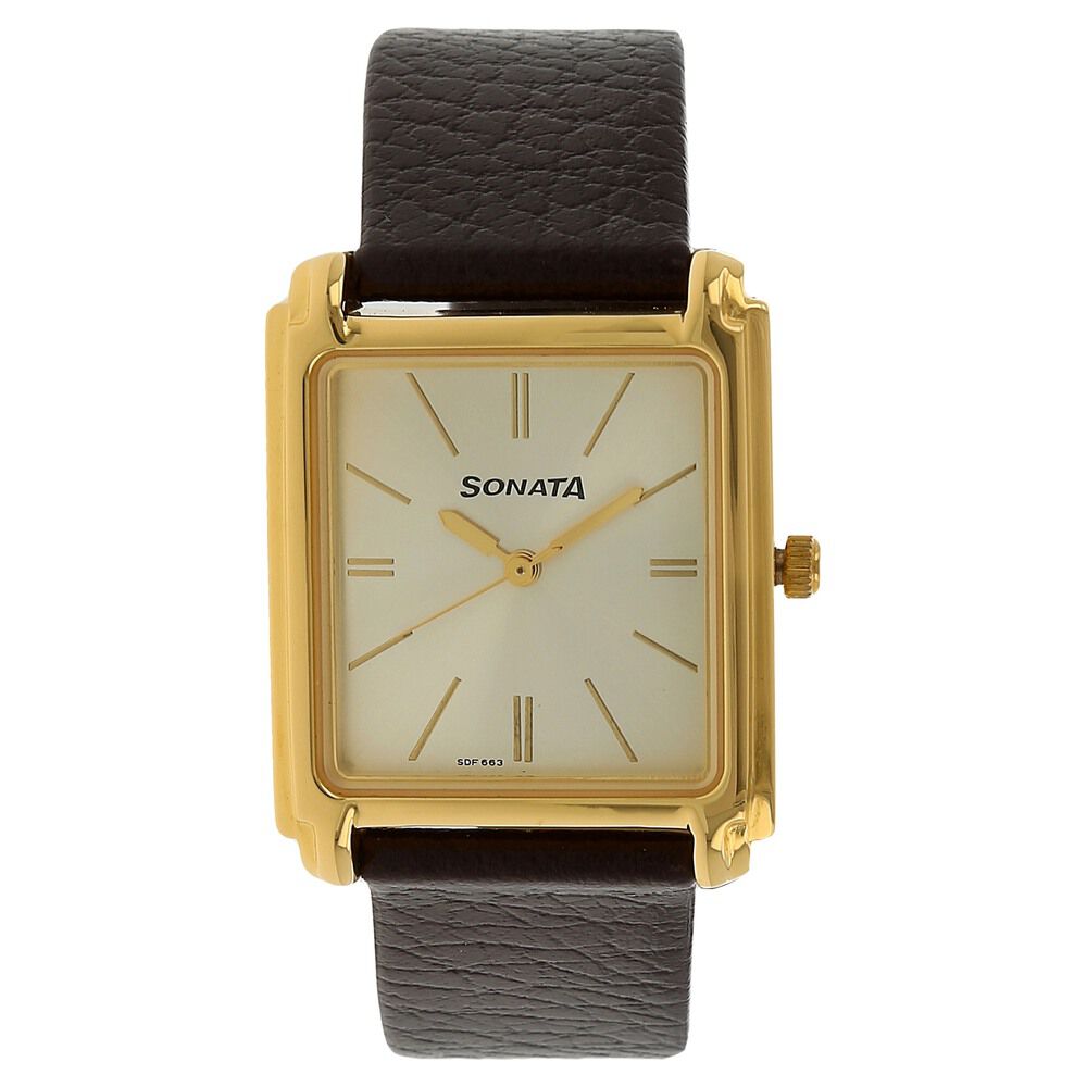 Buy Online Sonata Quartz Analog Champagne Dial Leather Strap Watch