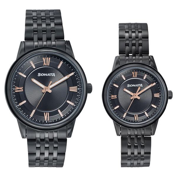 Sonata Wedding Edit Quartz Analog Black Dial Stainless Steel Strap Watch For Pair - image number 0